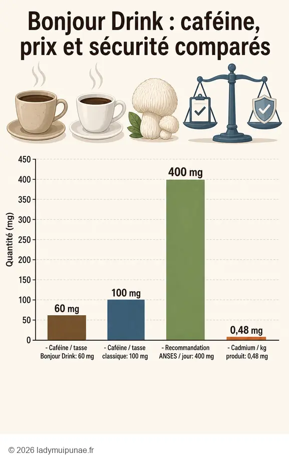 Analyse des avis sur Bonjour Drink : teneur en caféine, prix et taux de cadmium.