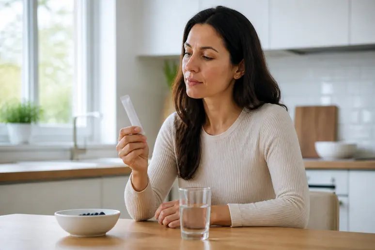Avis Cuure : femme examinant un stick de compléments alimentaires personnalisé à la maison
