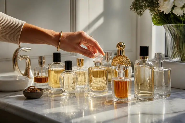 Distinction entre brume et parfum : flacons élégants sur un comptoir de salle de bain français