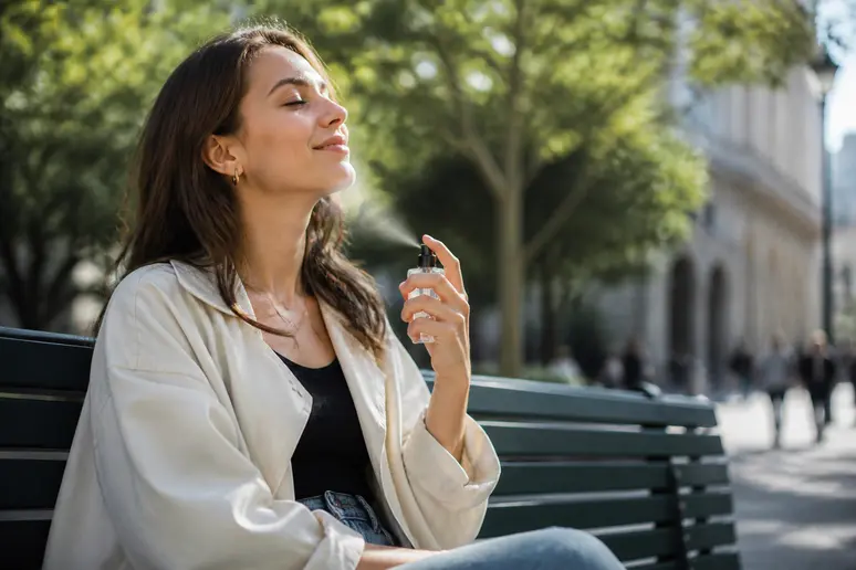 Différence entre brume et parfum : femme profitant d'une brume légère dans un jardin parisien