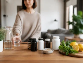 Plusieurs flacons de compléments alimentaires et des ingrédients frais sur une table claire, illustrant comment choisir produits dlab.