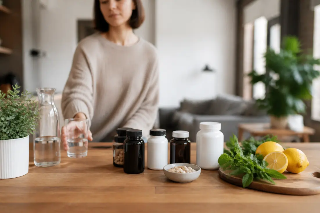 Plusieurs flacons de compléments alimentaires et des ingrédients frais sur une table claire, illustrant comment choisir produits dlab.