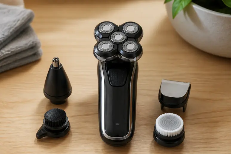 Le rasoir Elios 5-en-1 et ses accessoires posés sur une surface claire