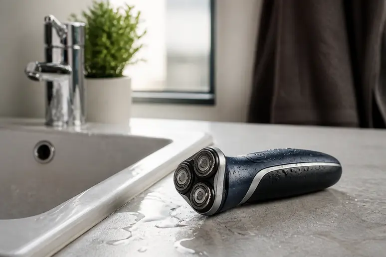 Le rasoir Elios résistant aux éclaboussures près d'un lavabo de salle de bain