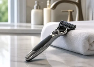 Un avis rasoir Elios posé sur un plan de toilette moderne avec une serviette blanche