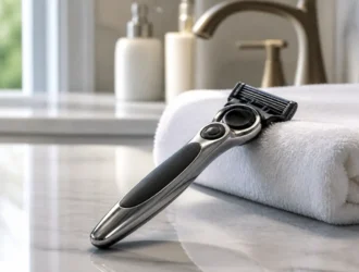 Un avis rasoir Elios posé sur un plan de toilette moderne avec une serviette blanche