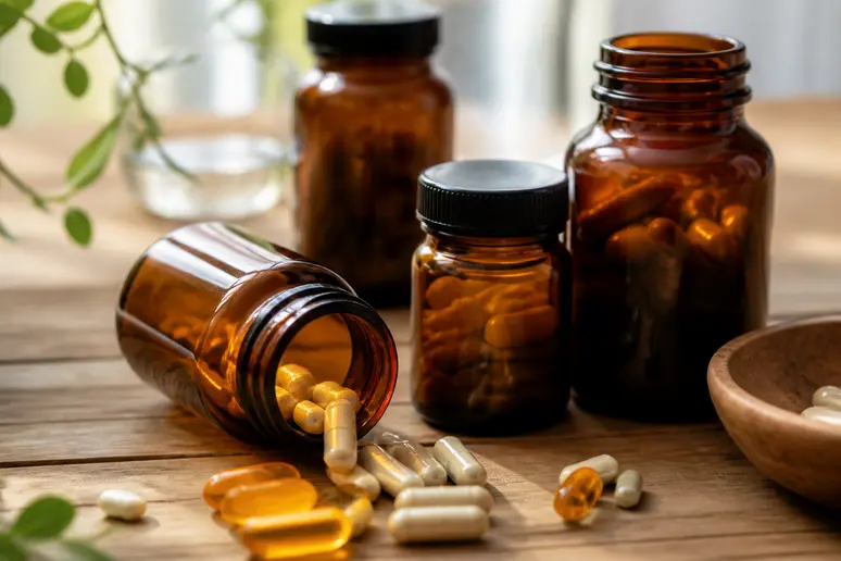 Gélules de compléments alimentaires pour l'équilibre hormonal posées sur une table en bois