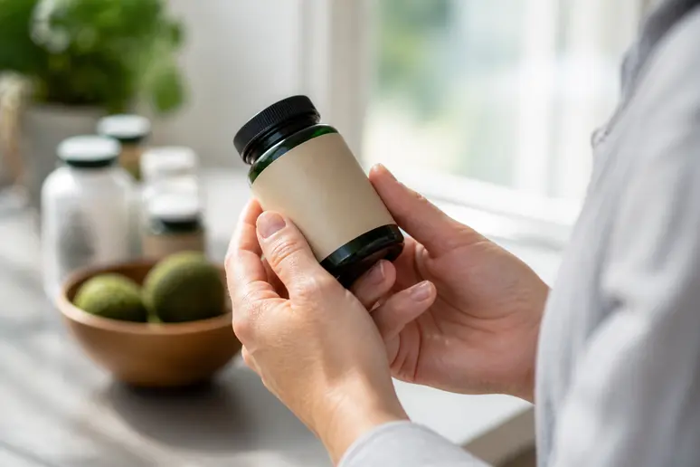 Lecture attentive de l'étiquette d'un complément alimentaire naturel avant utilisation