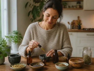 Une femme mature organise des plantes séchées pour choisir compléments équilibre hormonal dans sa cuisine lumineuse.