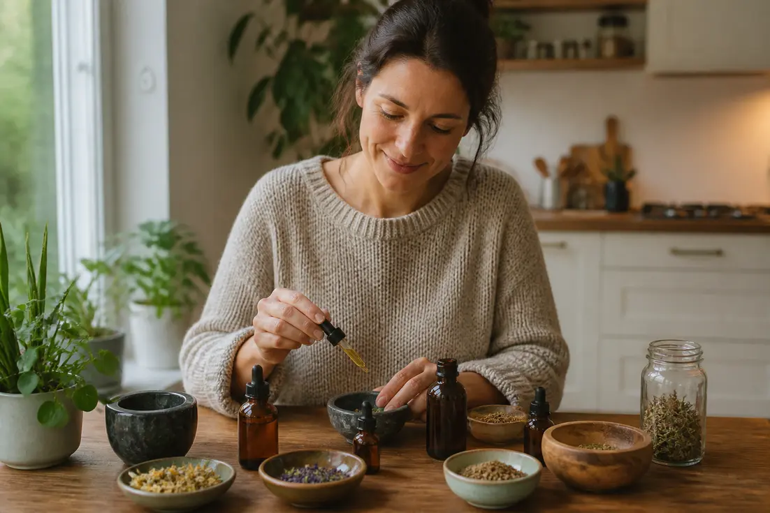 Une femme mature organise des plantes séchées pour choisir compléments équilibre hormonal dans sa cuisine lumineuse.