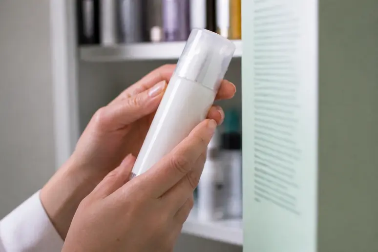 Analyse d'une composition cosmétique avec un avis produits santé beauté lors d'une vérification de flacon.