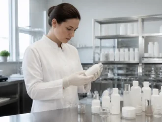 Technicien en laboratoire examinant des flacons neutres lors de tests d'avis produits santé beauté