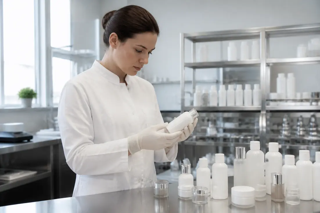 Technicien en laboratoire examinant des flacons neutres lors de tests d'avis produits santé beauté