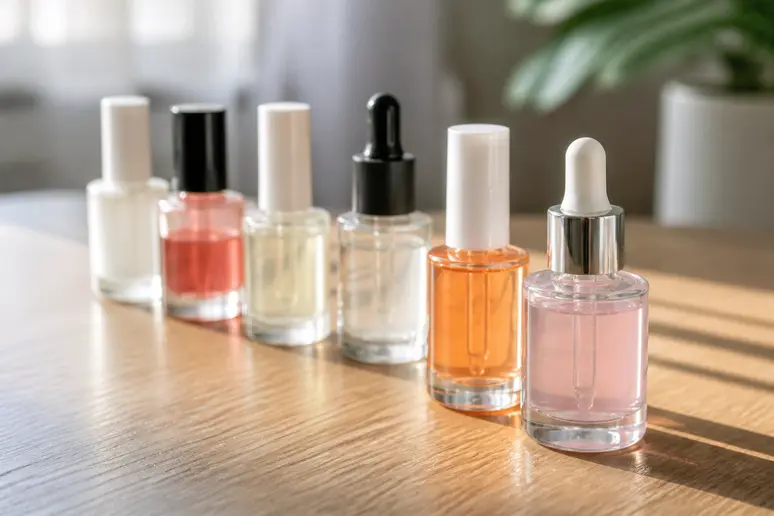 Flacons de durcisseurs d'ongles Herôme aux différentes intensités alignés sur une table claire