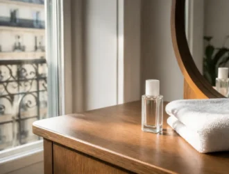 Flacon de soin posé sur une table en bois avec le herôme durcisseur ongles pour une manucure naturelle.
