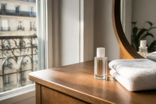 Flacon de soin posé sur une table en bois avec le herôme durcisseur ongles pour une manucure naturelle.