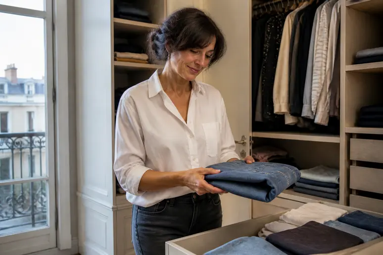 Femme pliante ses jeans Halara populaires, appréciant leur aspect confortable et pratique pour le quotidien.
