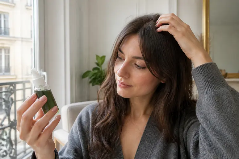 Application du luxéol sérum pousse croissance par une femme dans son appartement parisien, routine beauté matin.