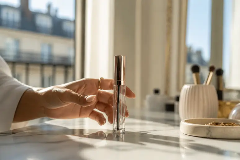 Flacon de sérum cils Maholash sur une coiffeuse parisienne, mis en valeur par la lumière naturelle.