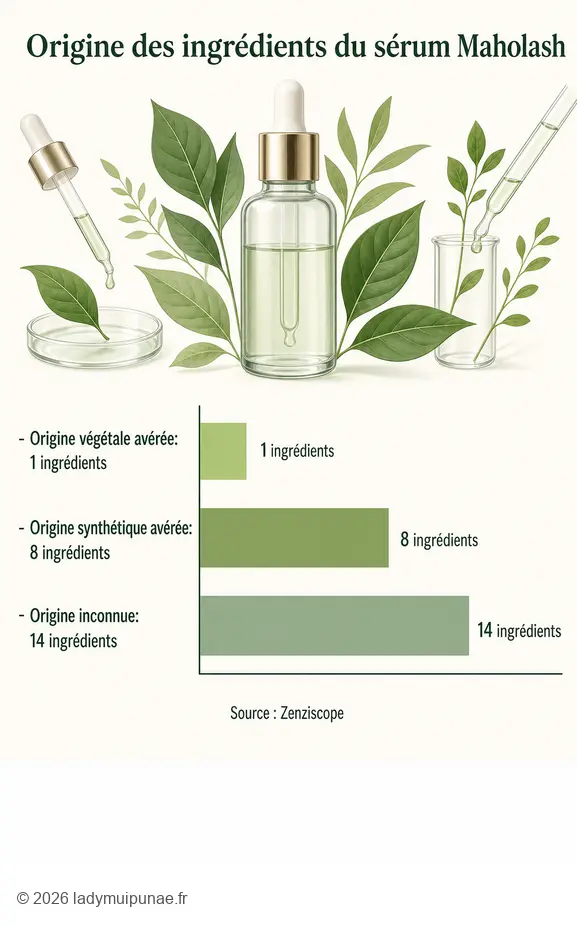 Graphique montrant l'origine des ingrédients du sérum cils maholash selon l'analyse Zenziscope.