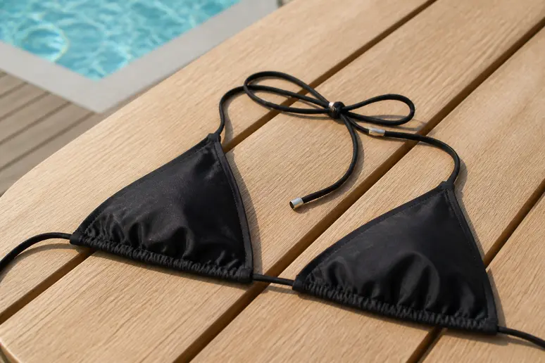 Haut de maillot de bain triangle posé sur une table en bois près d'une piscine