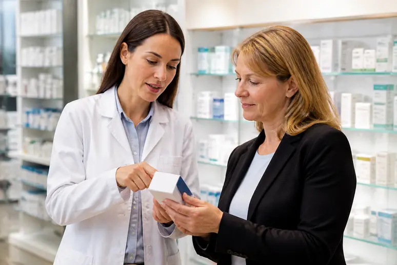 Pharmacienne conseillant une cliente sur un produit Nutrimea, soulignant que valent compléments Nutrimea en matière de sécurité.