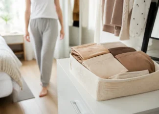 Plusieurs culottes invisibles confortables pliées dans un panier en lin sur une commode lumineuse.