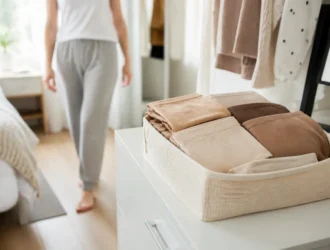Plusieurs culottes invisibles confortables pliées dans un panier en lin sur une commode lumineuse.