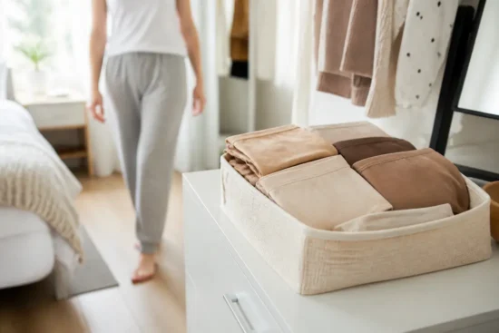 Plusieurs culottes invisibles confortables pliées dans un panier en lin sur une commode lumineuse.