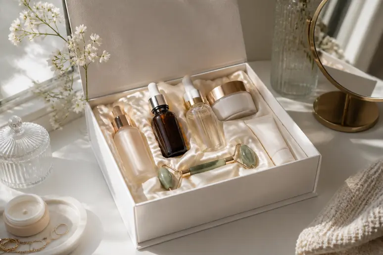 Coffret cadeau soin visage haut de gamme pour l'anniversaire de sa femme, avec sérums et roller.