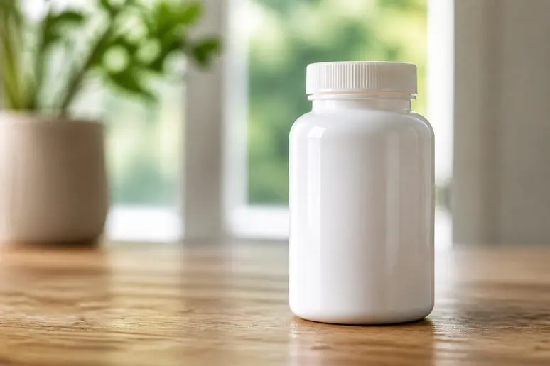 Flacon de complément alimentaire Vinali posé sur une table en bois clair avec un éclairage naturel