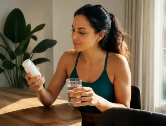 Femme tenant un flacon de complément alimentaire et un verre d'eau pour consulter un Vinali avis.