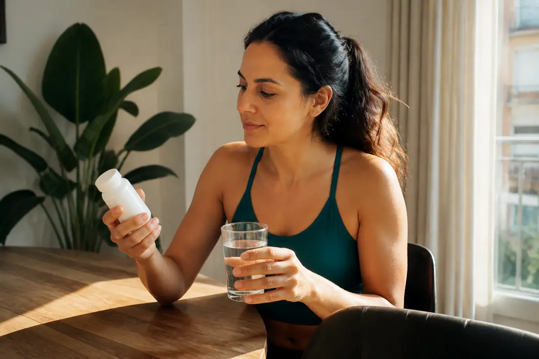 Femme tenant un flacon de complément alimentaire et un verre d'eau pour consulter un Vinali avis.