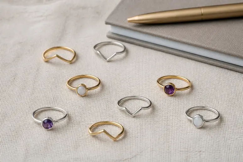 Collection de bagues zag minimalistes en argent et or, avec pierres naturelles et symboles.