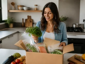 Une femme déballe un carton de livraison rempli de légumes frais dans sa cuisine pour se faire un avis hello fresh