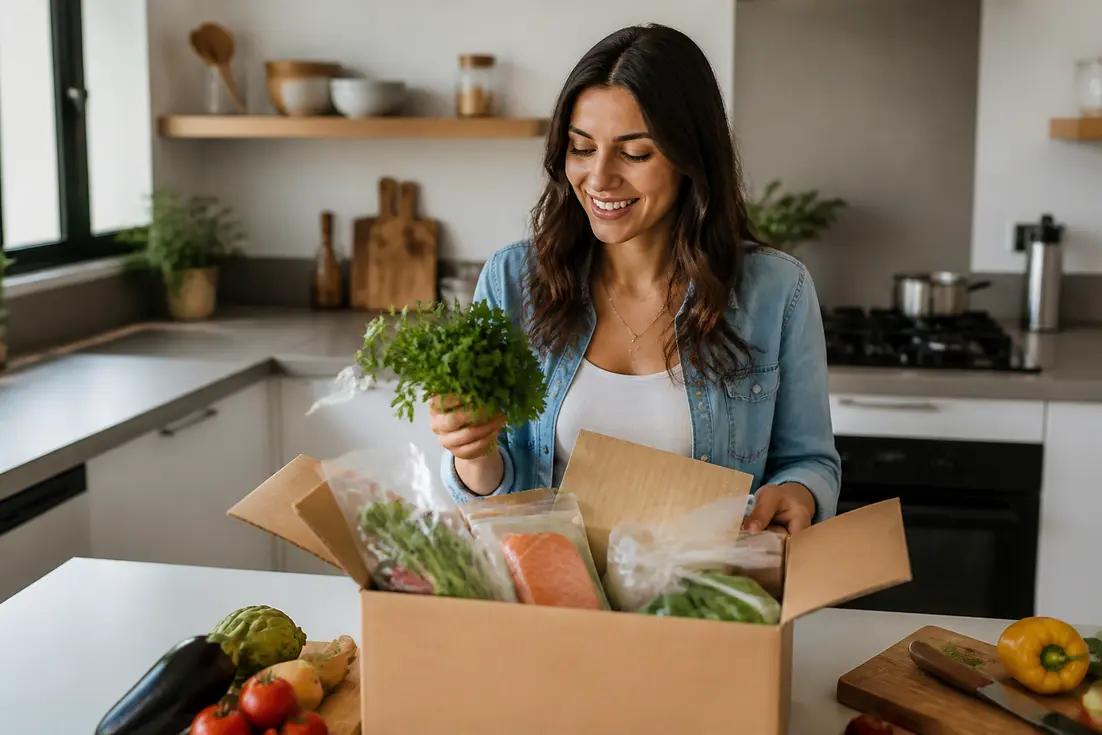 Une femme déballe un carton de livraison rempli de légumes frais dans sa cuisine pour se faire un avis hello fresh