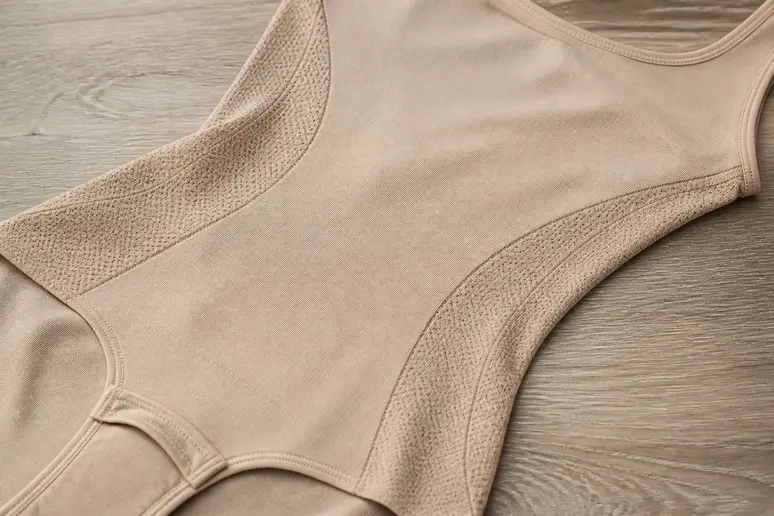 Body gainant beige à panneaux élastiques posé sur une surface en bois clair