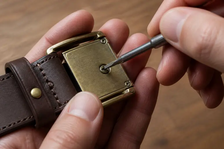 Utilisation d'un tournevis plat pour démonter la vis arrière d'une boucle de ceinture
