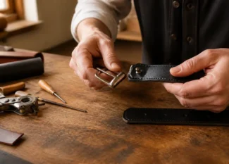 Geste minutieux pour changer boucle de ceinture sur une lanière en cuir dans un atelier