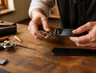 Geste minutieux pour changer boucle de ceinture sur une lanière en cuir dans un atelier