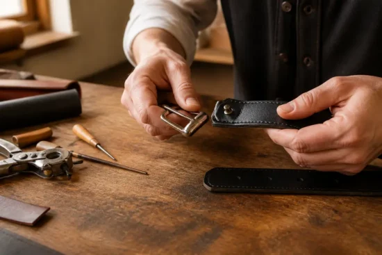 Geste minutieux pour changer boucle de ceinture sur une lanière en cuir dans un atelier