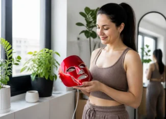 Une femme tient entre ses mains un CurrentBody meilleurs appareils beauté dans son salon lumineux.