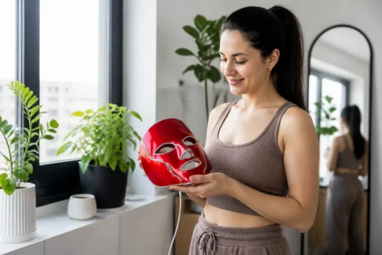 Une femme tient entre ses mains un CurrentBody meilleurs appareils beauté dans son salon lumineux.