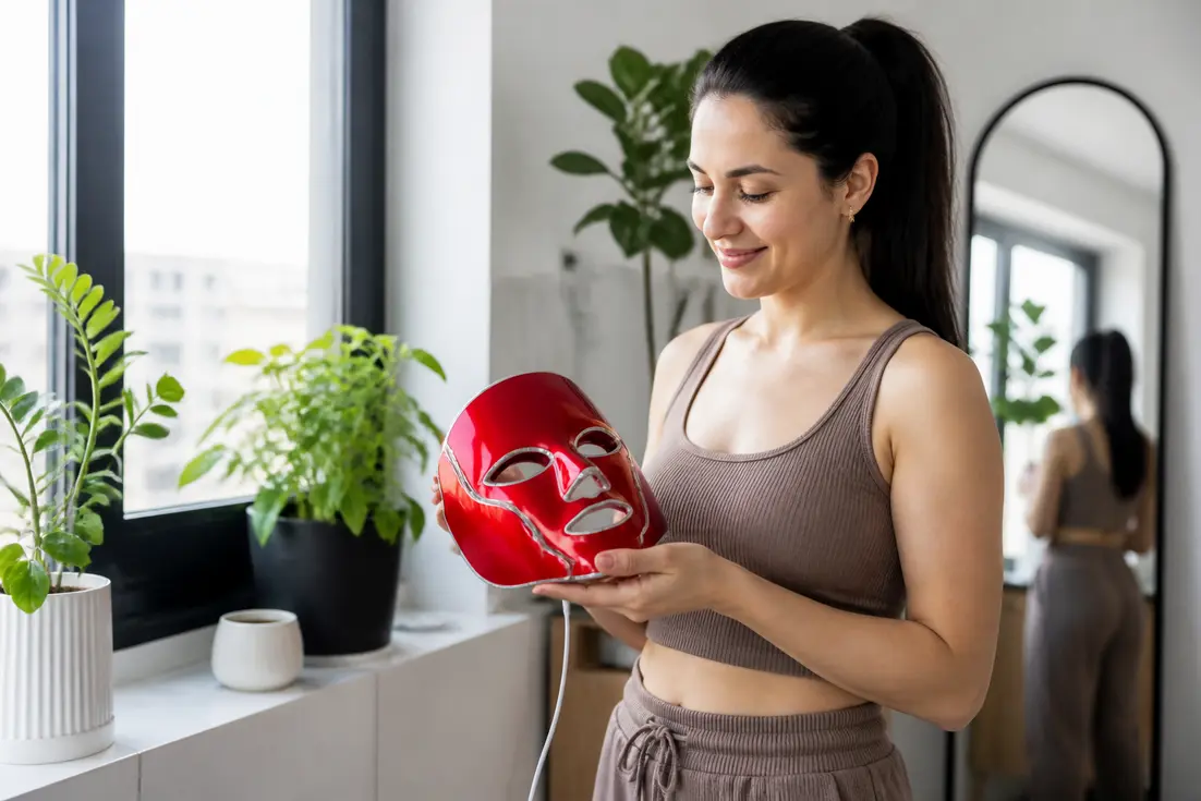 Une femme tient entre ses mains un CurrentBody meilleurs appareils beauté dans son salon lumineux.