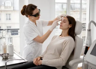 Une dermatologue examine attentivement les sourcils d'une cliente avant une séance de détatouage sourcils en cabinet.