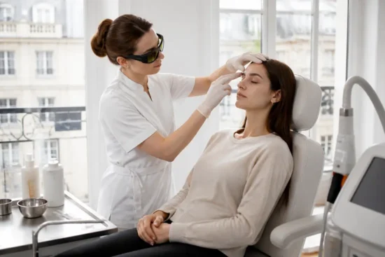 Une dermatologue examine attentivement les sourcils d'une cliente avant une séance de détatouage sourcils en cabinet.