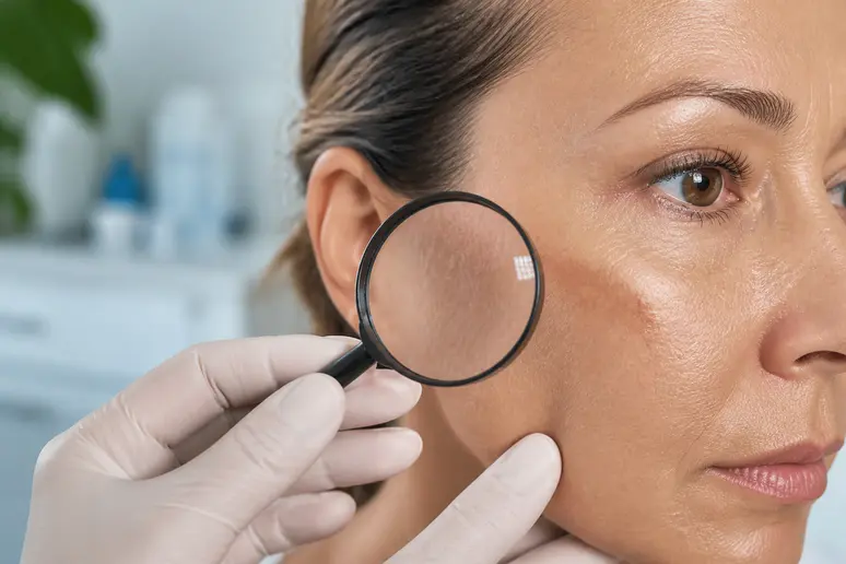 Examen dermatologique montrant une décoloration cutanée après des injections d'acide hyaluronique