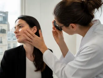 Consultation médicale en cabinet dermatologique pour analyser des effets secondaires injections acide hyaluronique sur le visage d'une patiente
