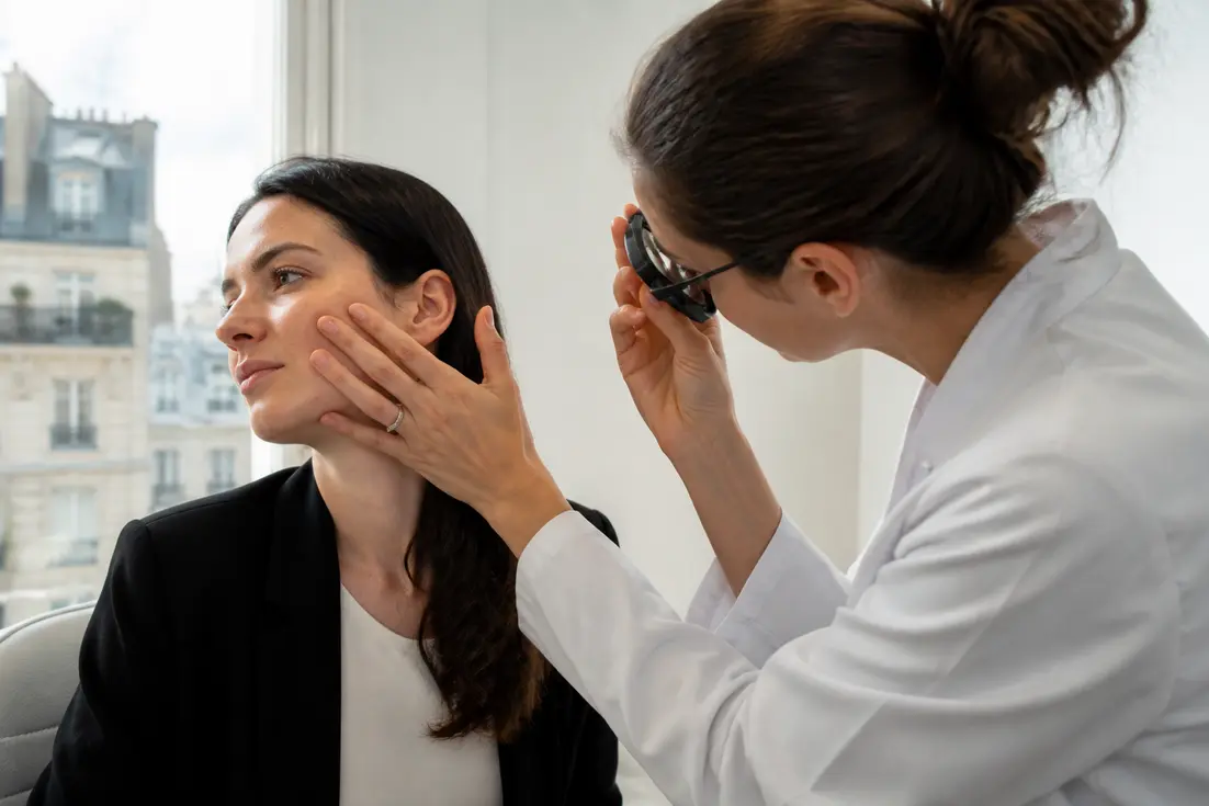 Consultation médicale en cabinet dermatologique pour analyser des effets secondaires injections acide hyaluronique sur le visage d'une patiente