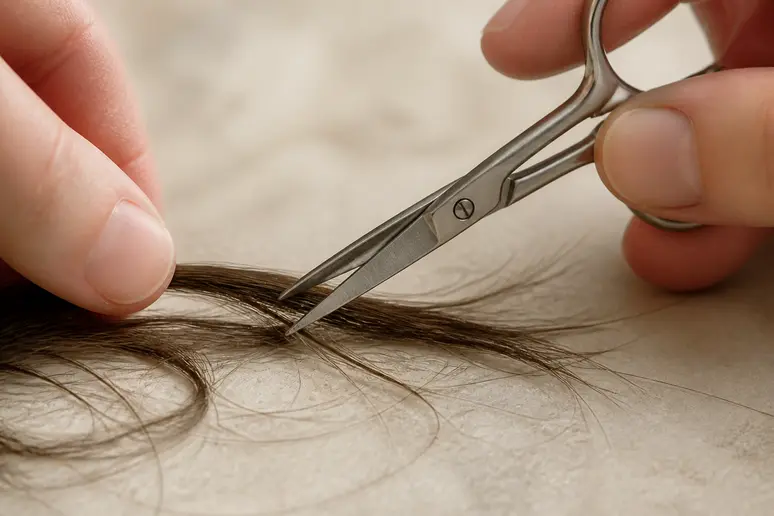 Ciseaux de précision utilisés pour couper les poils sans arracher le bulbe sous-cutané
